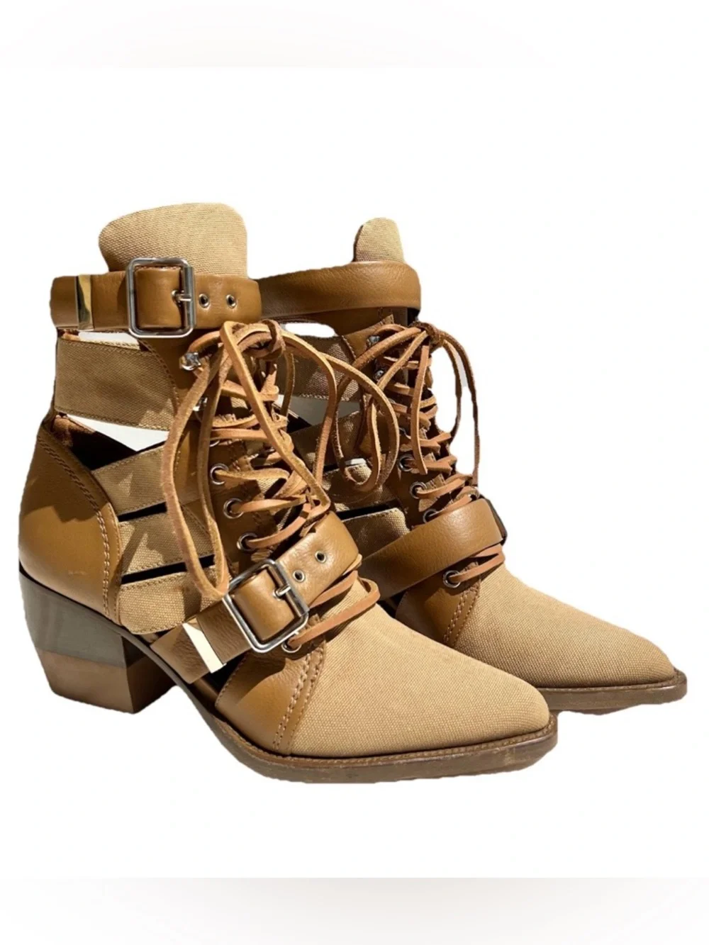 Chloe Rylee Brown Leather Canvas Cut Out Buckle Ankle Boots Size 38